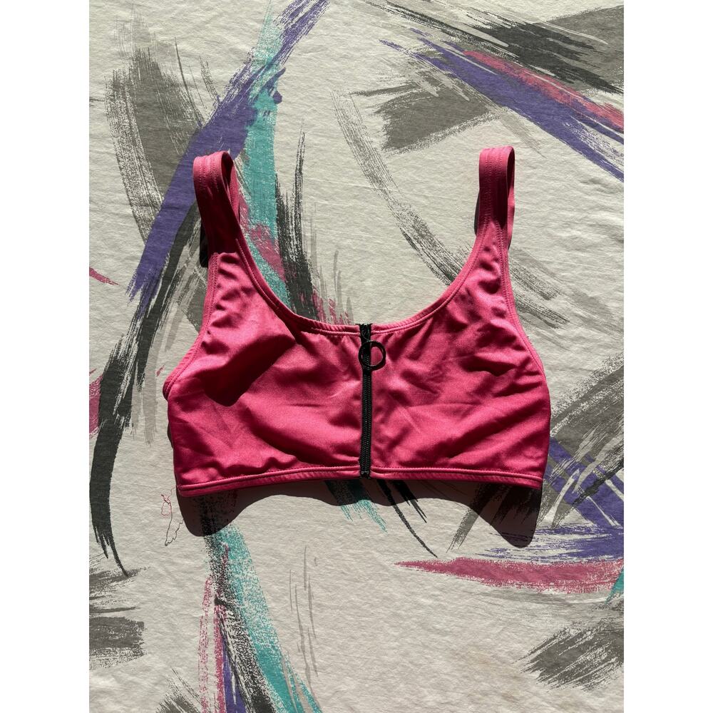 80s/90s Bubble Gum Pink Barbie Core Vintage Loop Ring Zip Bikini Top